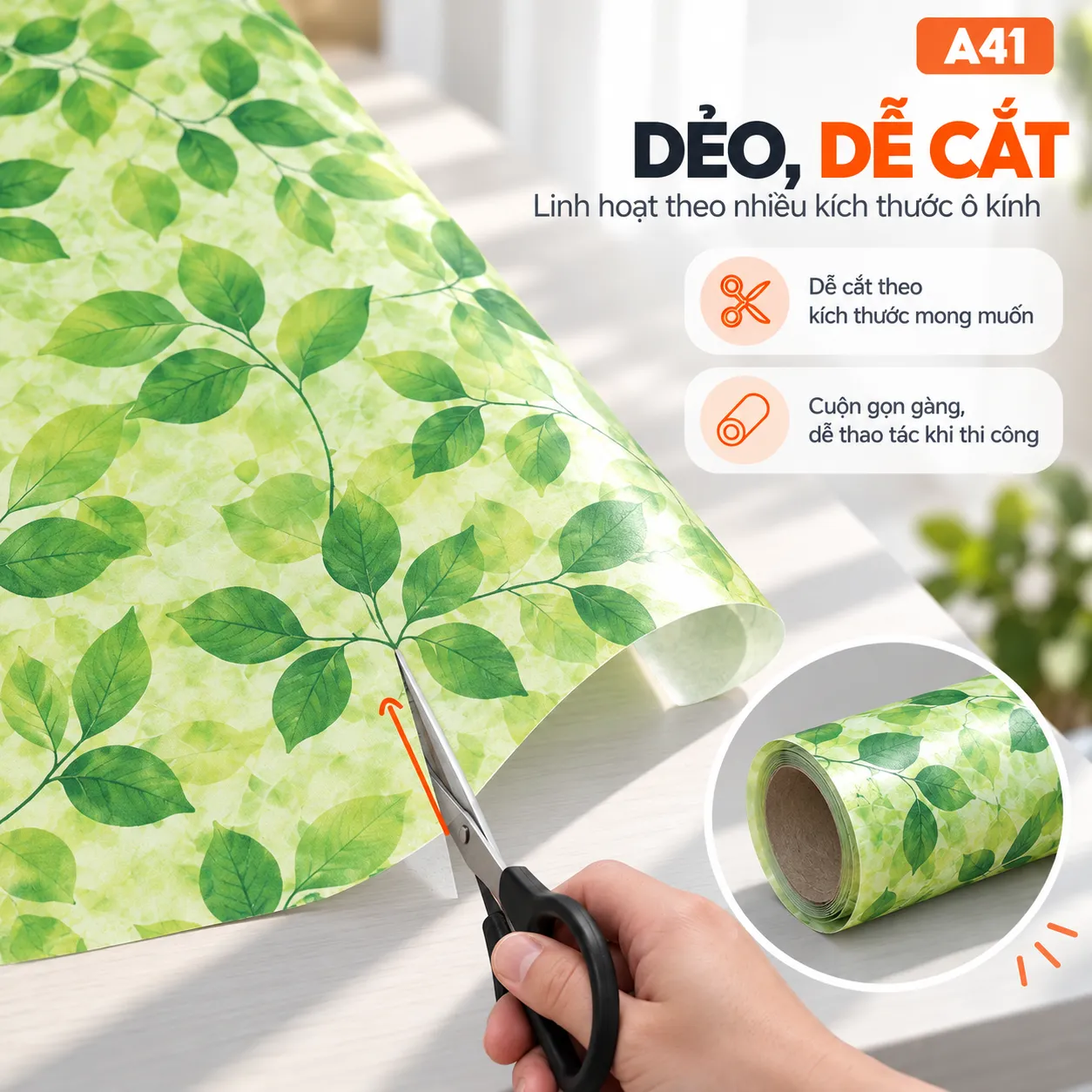 Giấy dán kính lá xanh A41 với thao tác cắt tấm decal lá xanh bằng kéo