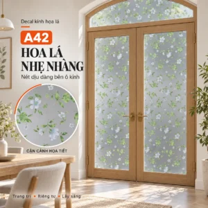 Giấy dán kính trang trí mã A42 trên cửa kính vòm khung màu gỗ