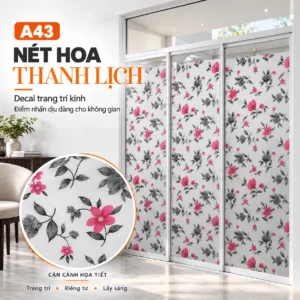 Giấy dán kính trang trí A43 hoa hồng đậm, cành lá xám đen trên nền trắng mờ, kèm khung tròn cận cảnh