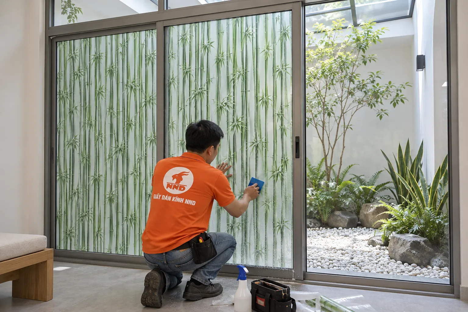 Thợ NND áo cam quỳ dùng gạt xanh hoàn thiện decal rừng trúc A46 trên cửa kính hướng ra tiểu cảnh