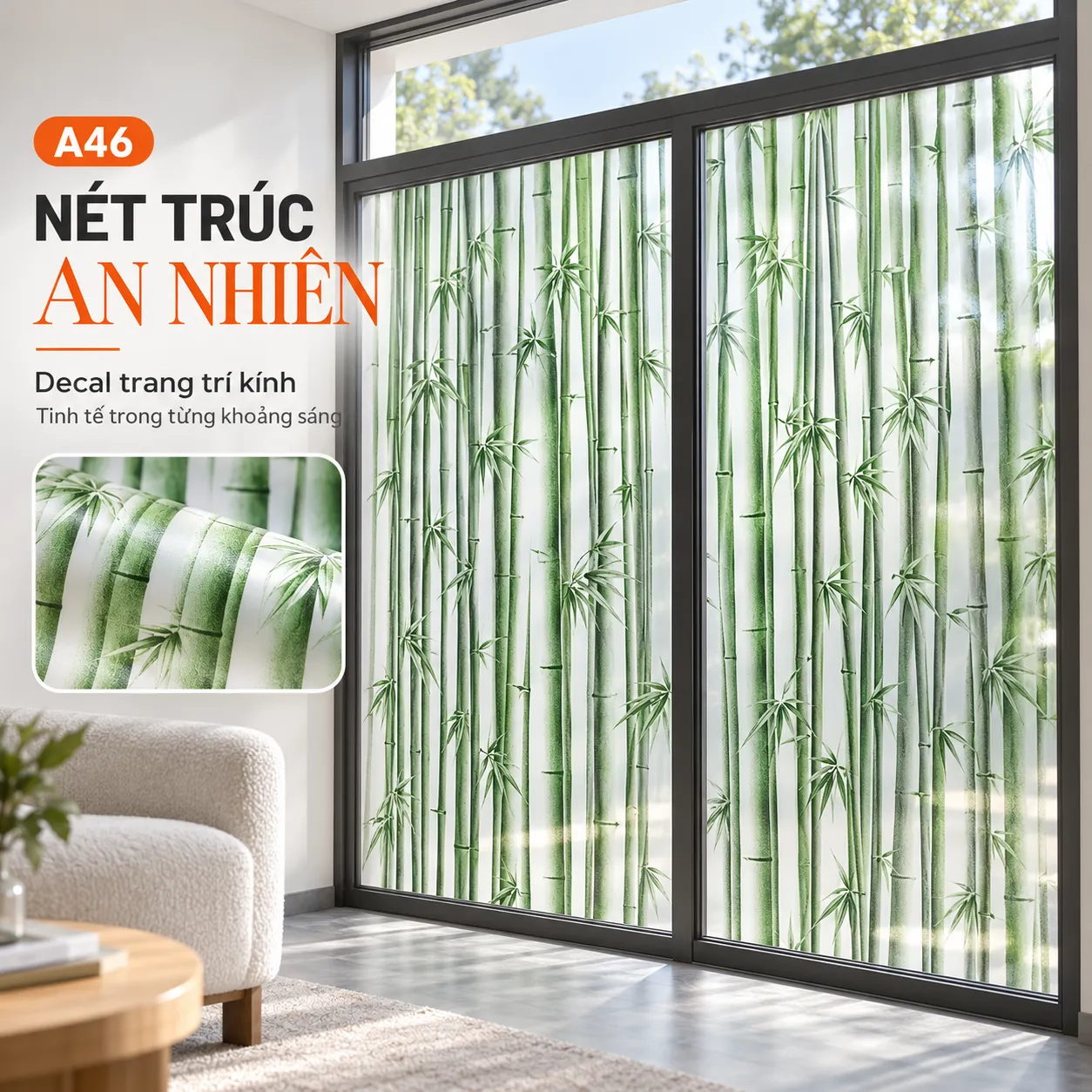 Cửa kính khung tối dán decal trúc xanh A46, kèm khung chữ nhật chụp cận tấm vật liệu