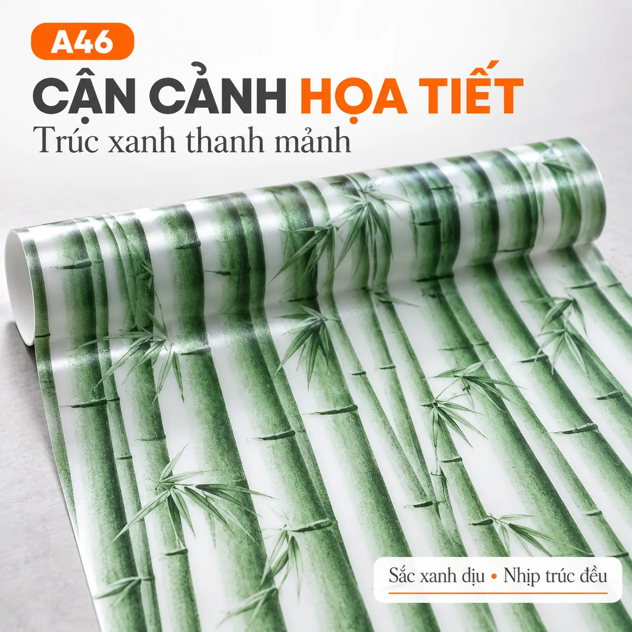 Cuộn giấy dán kính A46 có thân trúc xanh đậm nhạt, đốt ngang và lá dài nhọn trên nền mờ
