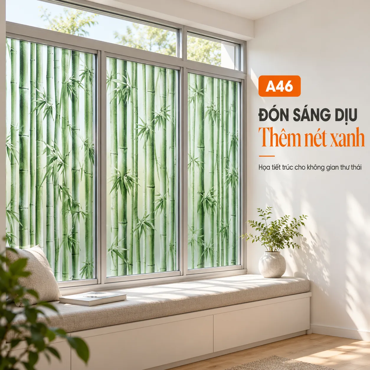 Cửa sổ khung trắng dán decal A46 thân trúc xanh, phía dưới có ghế ngồi và phía trên chừa kính trong