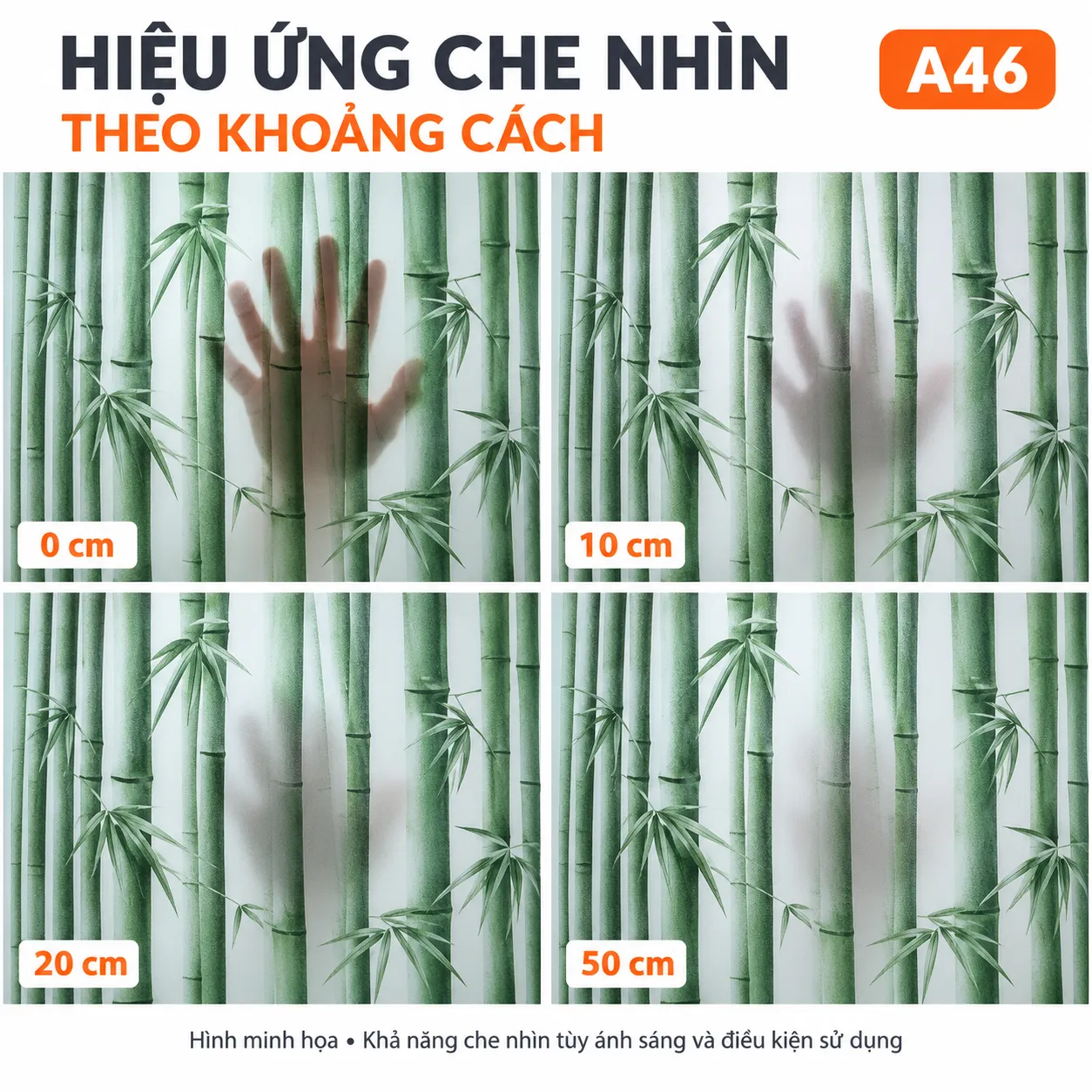 Bàn tay sau decal A46 ở khoảng cách 0, 10, 20 và 50 cm để minh họa hiệu ứng che nhìn
