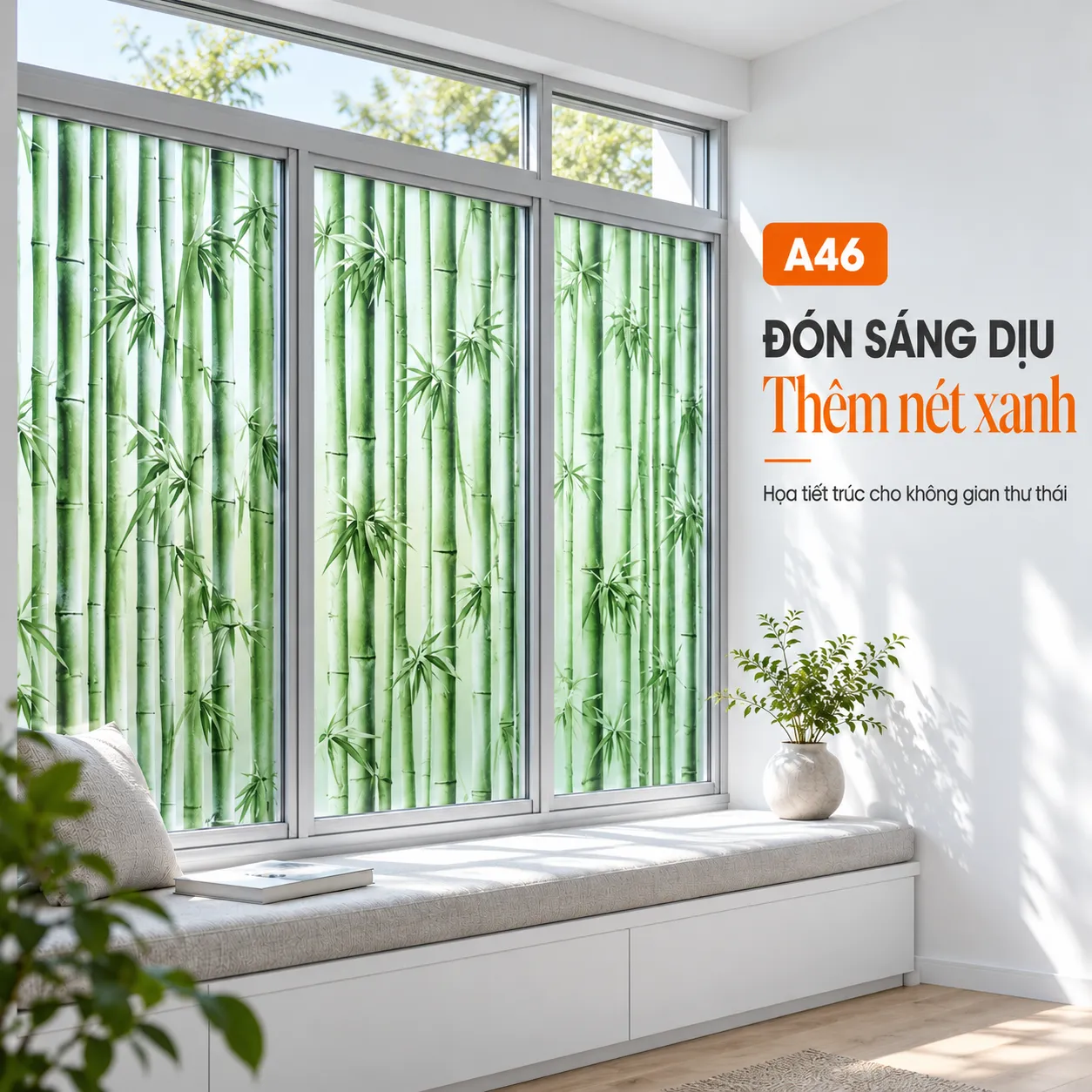 Góc ghế ngồi cạnh cửa sổ dán A46 hoa văn trúc xanh trên nền mờ sáng