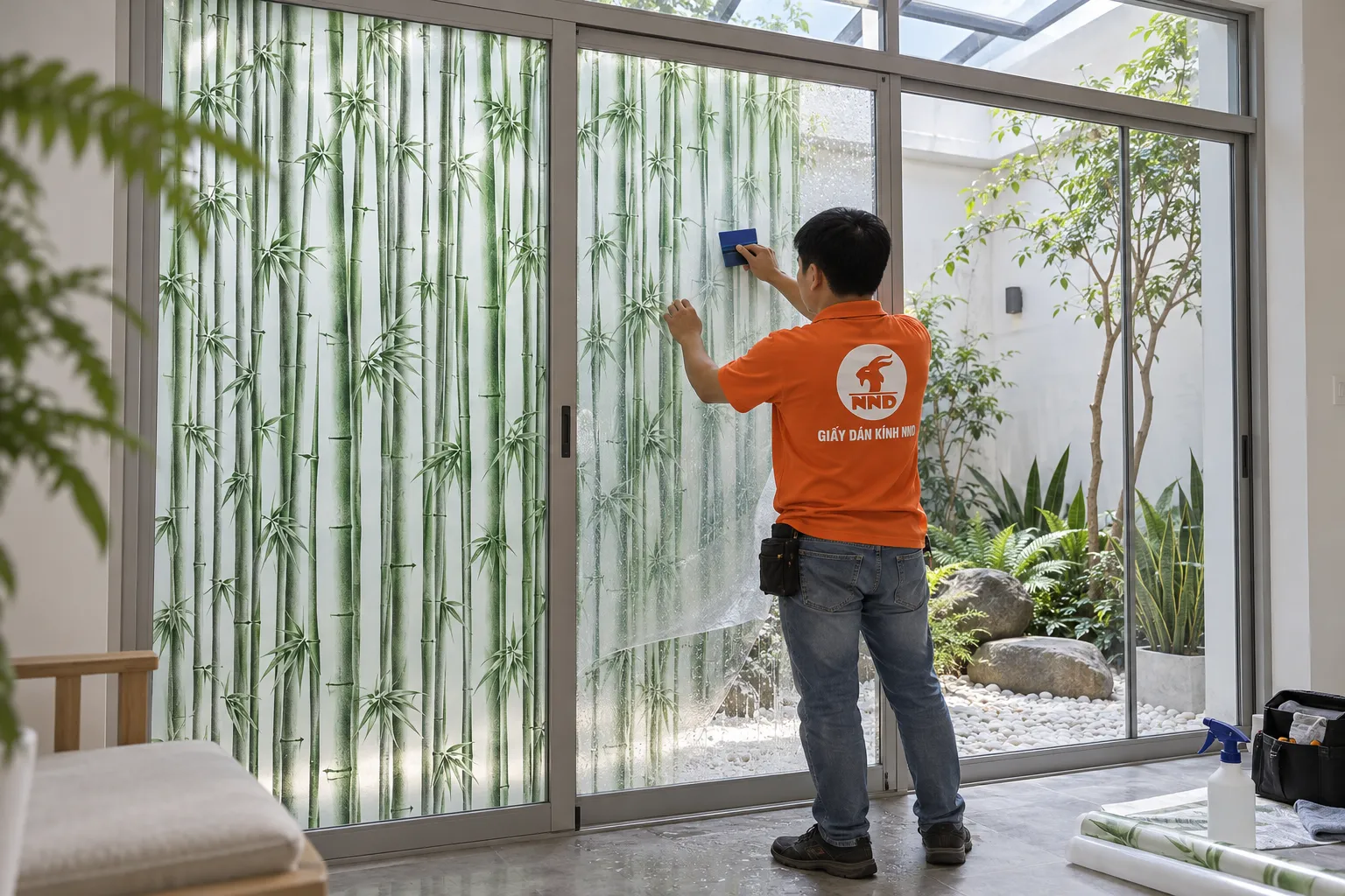 Thợ NND áo cam đứng dùng gạt xanh thi công tấm decal trúc A46 trên vách kính cạnh tiểu cảnh