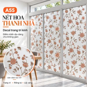 Giấy dán kính 3D A55 hoa dây cam nhạt, cành lá nâu trên cửa kính, kèm khung tròn phóng to họa tiết