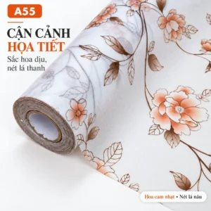 Cuộn decal A55 trải mở với hoa cam nhạt pha trắng, cành nâu và lá có gân trên nền mờ