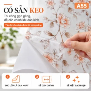 Tay bóc lớp đế bảo vệ của decal A55 có sẵn keo, hoa cam nhạt và lá nâu trên nền mờ