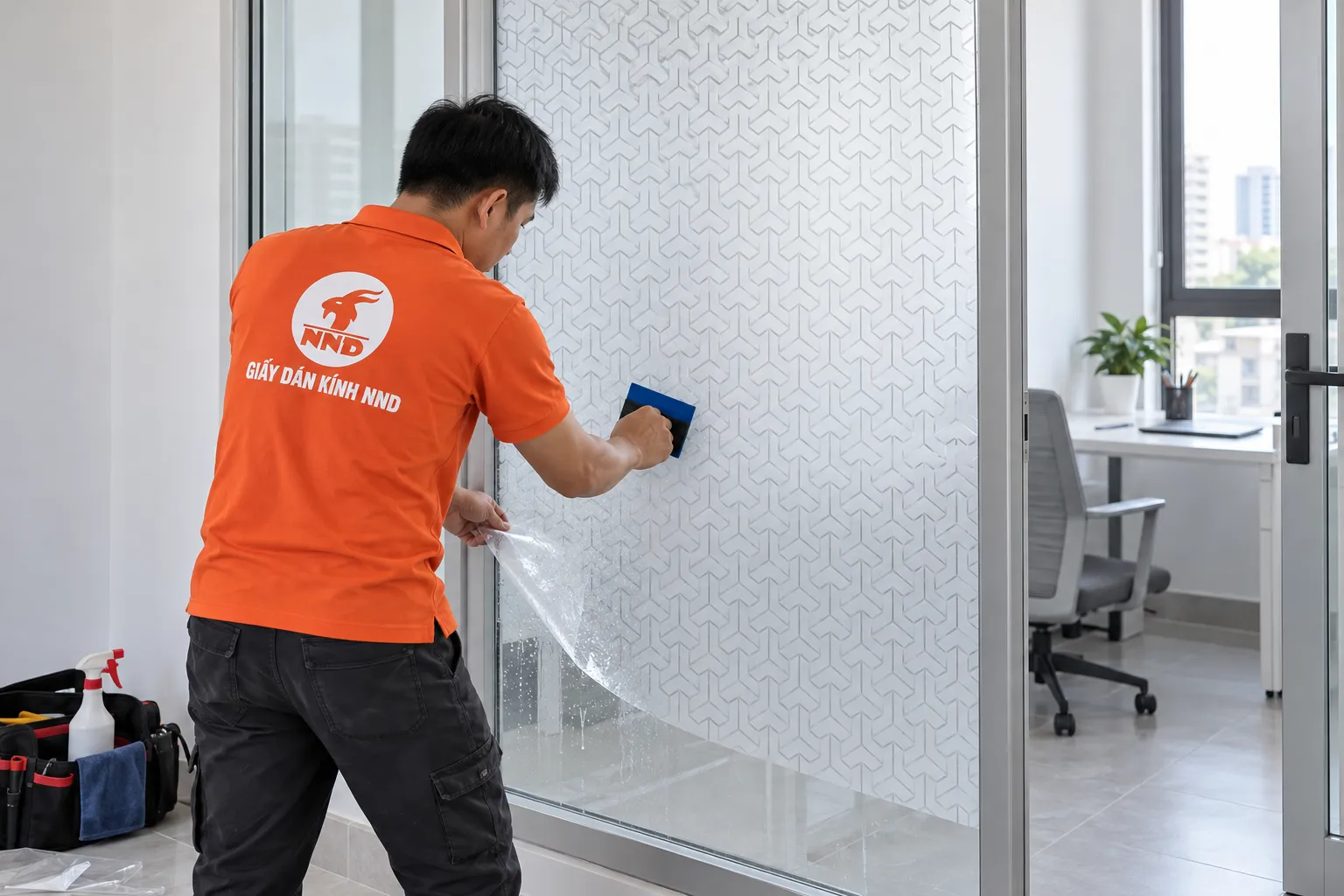 Thợ NND áo cam dùng gạt xanh dán decal TT3D-22 lên vách kính