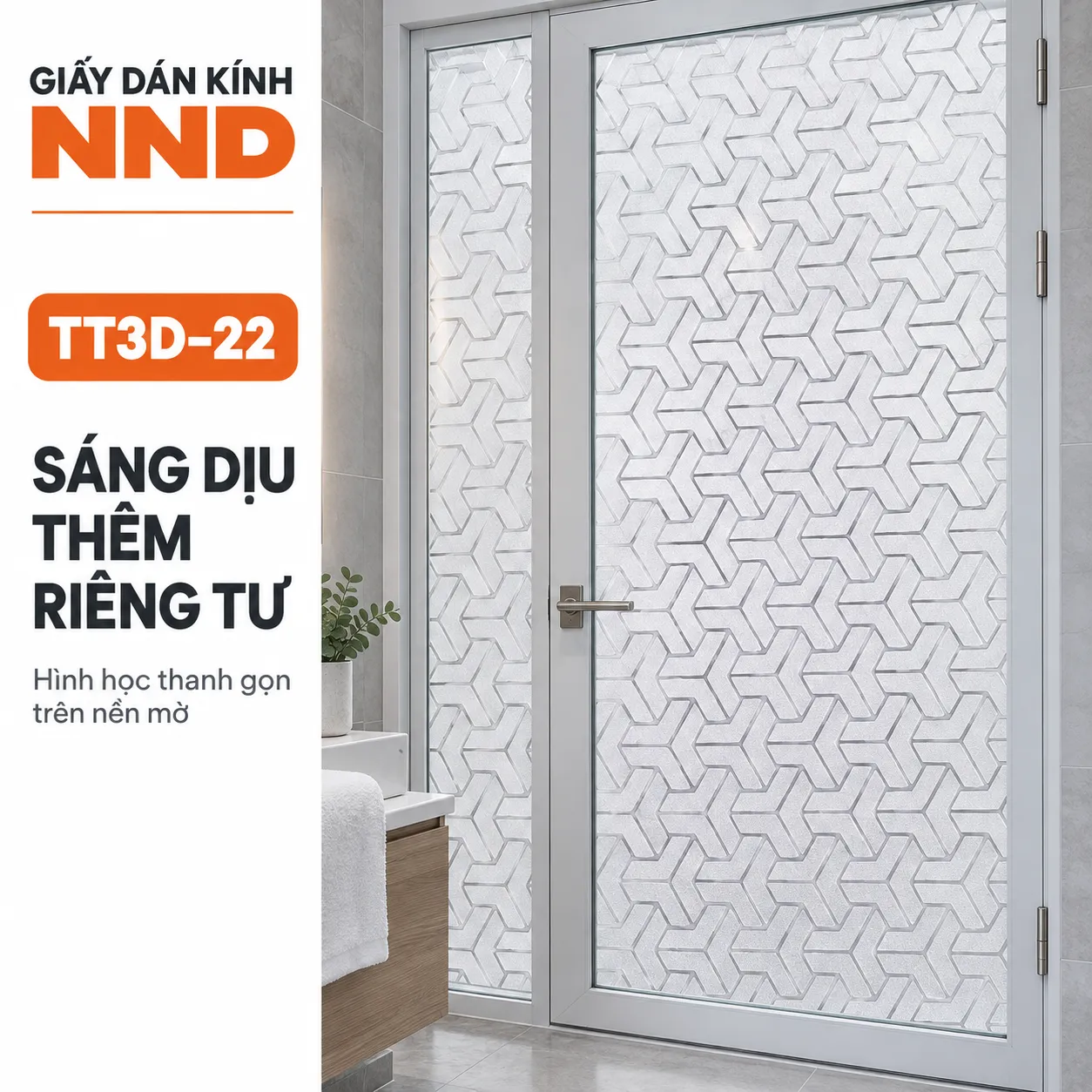 Cửa kính khung trắng dán TT3D-22 hoa văn hình học trên nền mờ