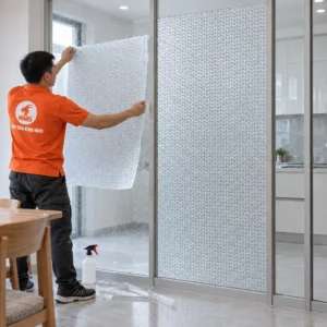 Thợ áo cam căn tấm decal dán kính 3D TT3D-25 lên vách kính cạnh khu bếp