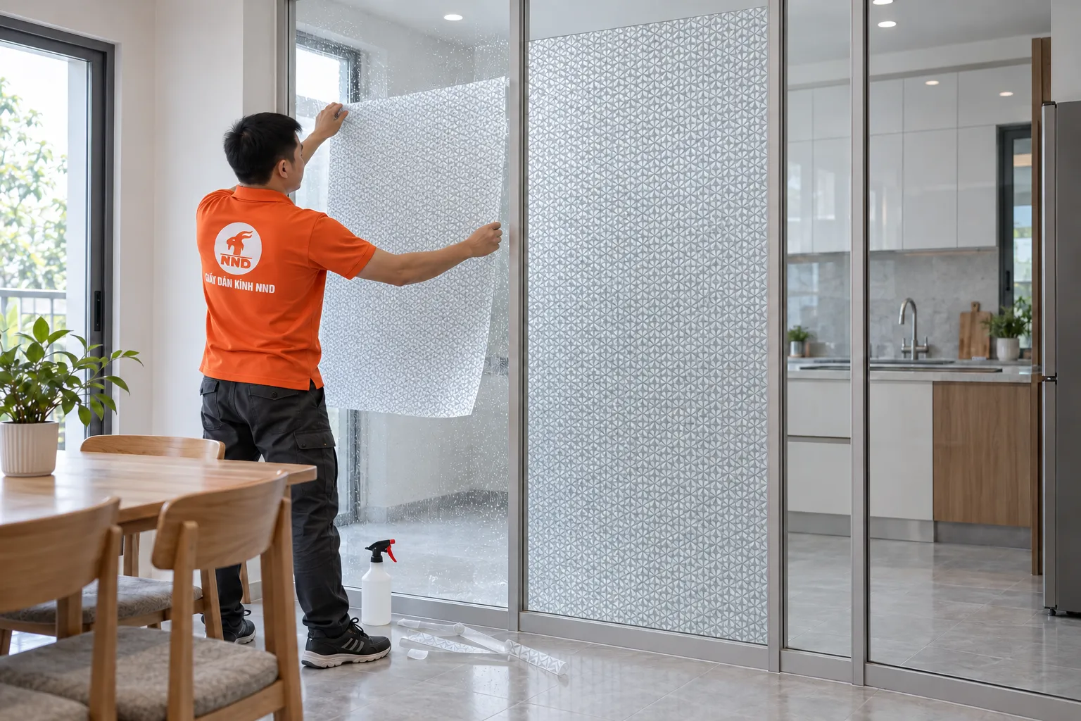 Thi công decal dán kính 3D TT3D-25 trên vách kính (1) Thợ áo cam căn tấm decal dán kính 3D TT3D-25 lên vách kính cạnh khu bếp
