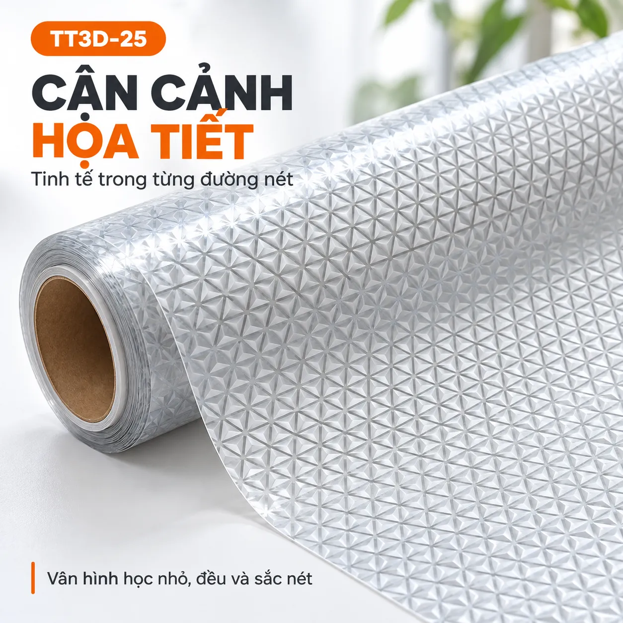 Cận cảnh hoa văn hình học TT3D-25 (2) Cuộn decal TT3D-25 với các tam giác nhỏ ghép thành cụm sáu cánh lặp đều