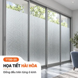 Hệ cửa kính nhiều ô dán TT3D-25 đồng đều, chừa dải kính trong phía trên