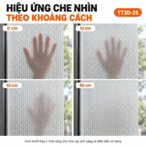 Minh họa bàn tay sau decal TT3D-25 ở khoảng cách 0, 10, 20 và 50 cm