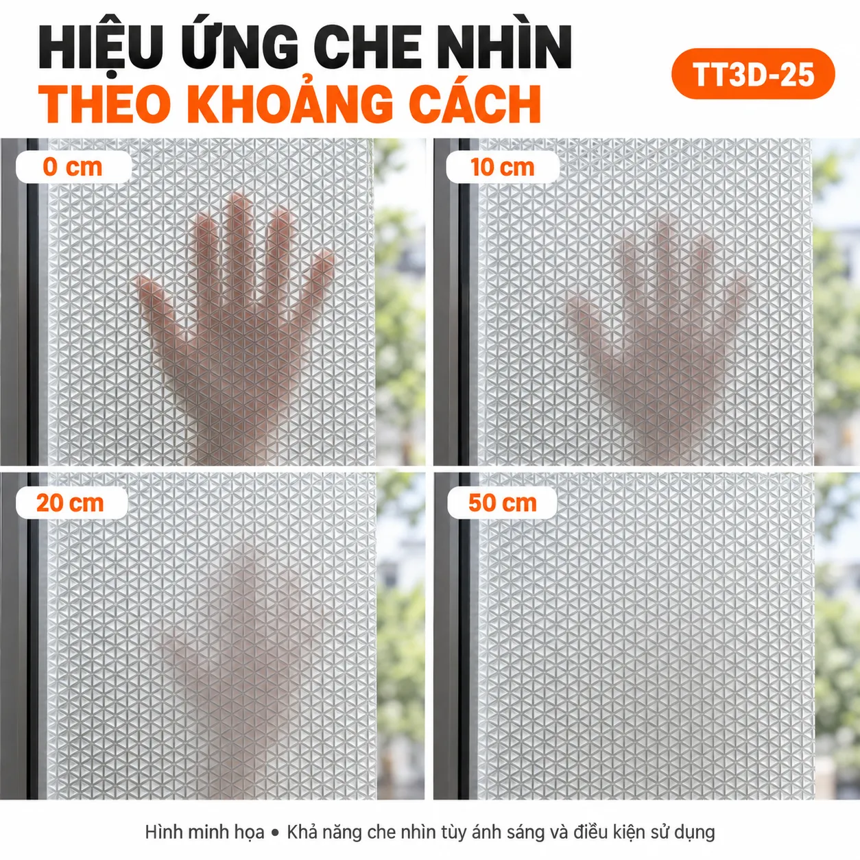 Minh họa khả năng che nhìn của TT3D-25 theo khoảng cách (6) Minh họa bàn tay sau decal TT3D-25 ở khoảng cách 0, 10, 20 và 50 cm