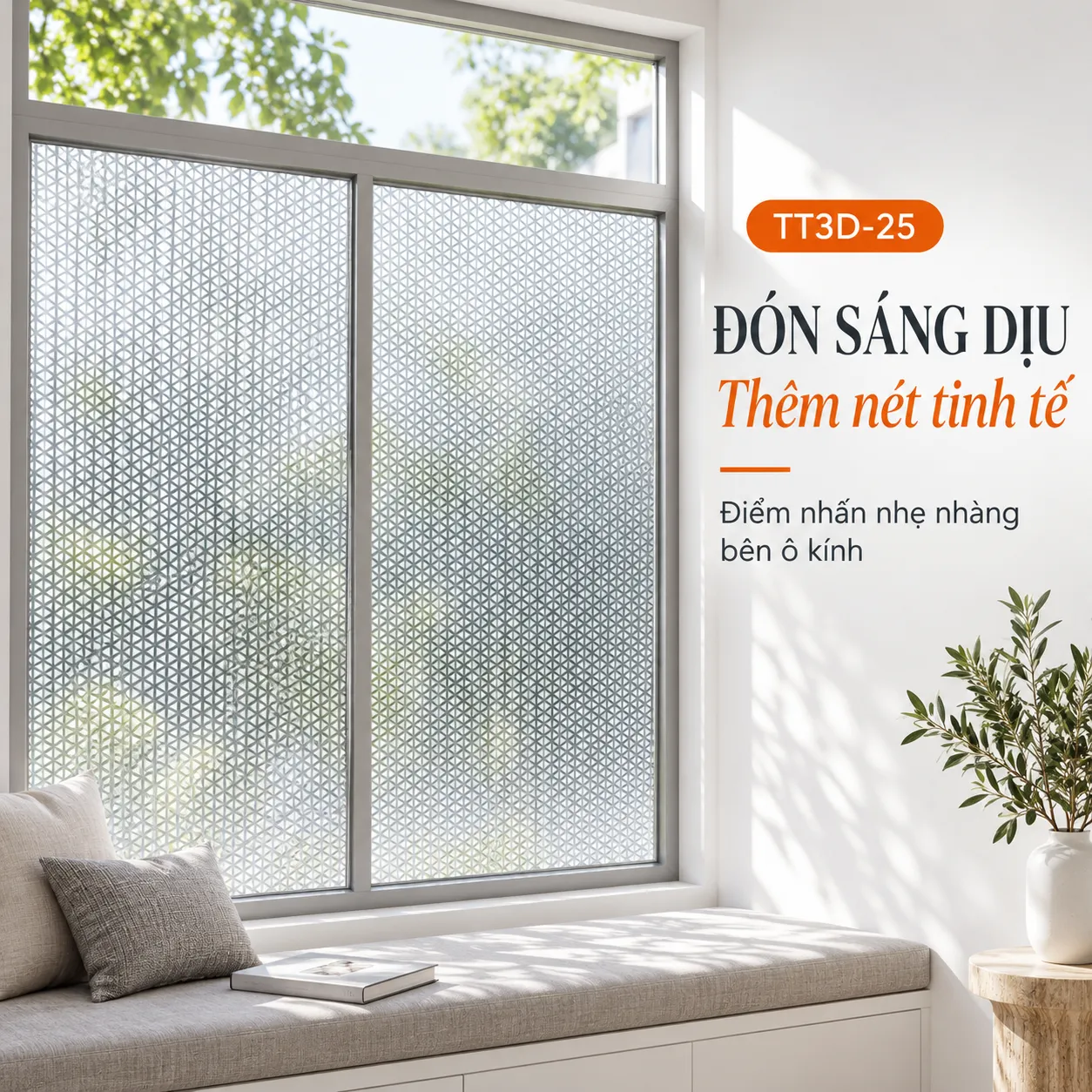 Decal TT3D-25 đón sáng cho góc nghỉ bên cửa sổ (7) Cửa sổ dán TT3D-25 bên ghế nghỉ với ánh sáng tự nhiên