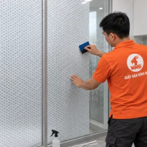 Thợ NND áo cam dùng gạt xanh làm phẳng decal TT3D-25 trên kính