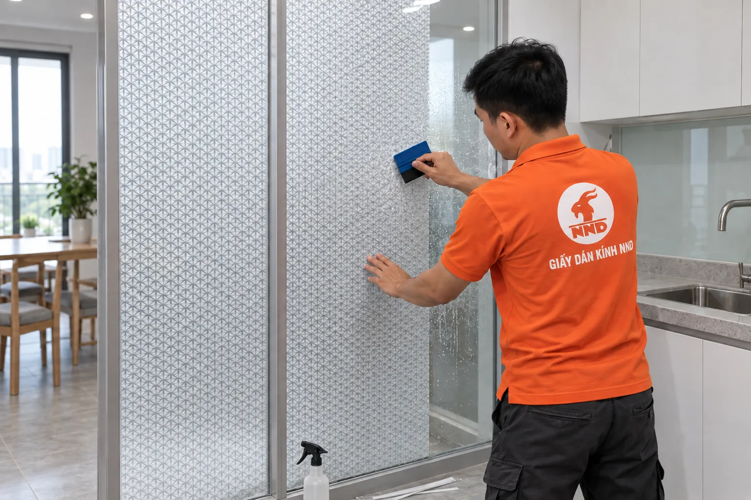 Gạt phẳng decal TT3D-25 trên vách kính (8) Thợ NND áo cam dùng gạt xanh làm phẳng decal TT3D-25 trên kính
