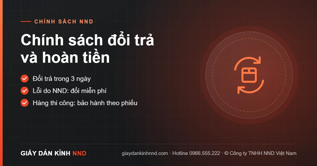 Chính sách đổi trả và hoàn tiền của Giấy Dán Kính NND: đổi trả trong 3 ngày, lỗi do NND đổi miễn phí, hàng thi công bảo hành theo phiếu
