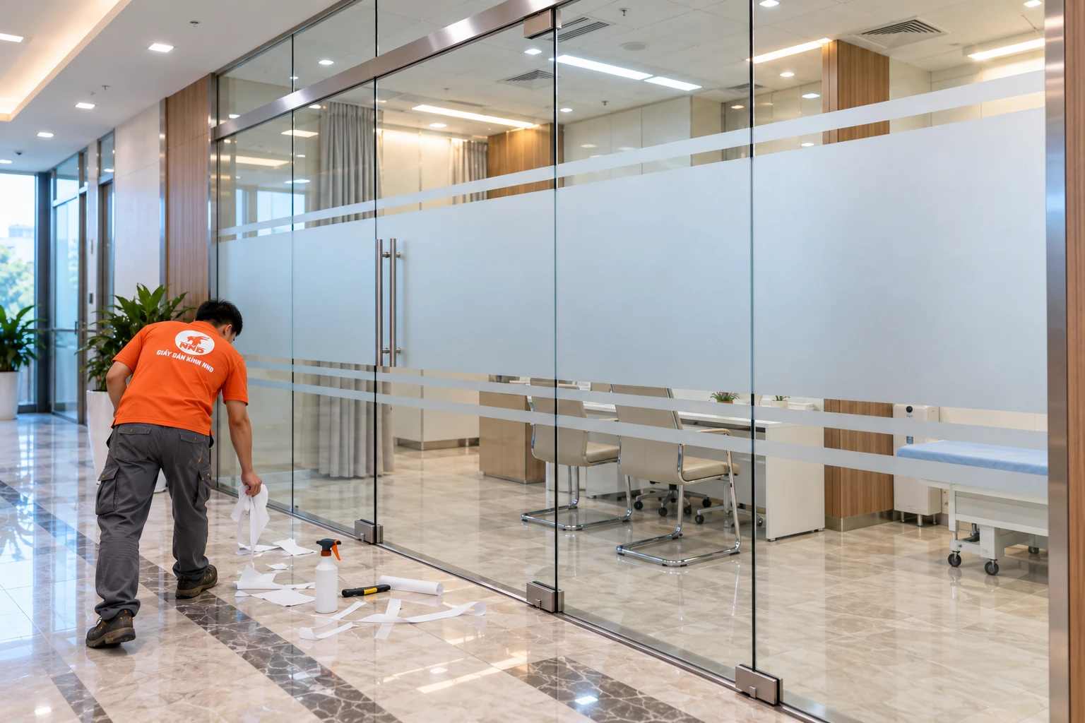 Công trình decal mờ kính phòng khám Vinmec tăng riêng tư