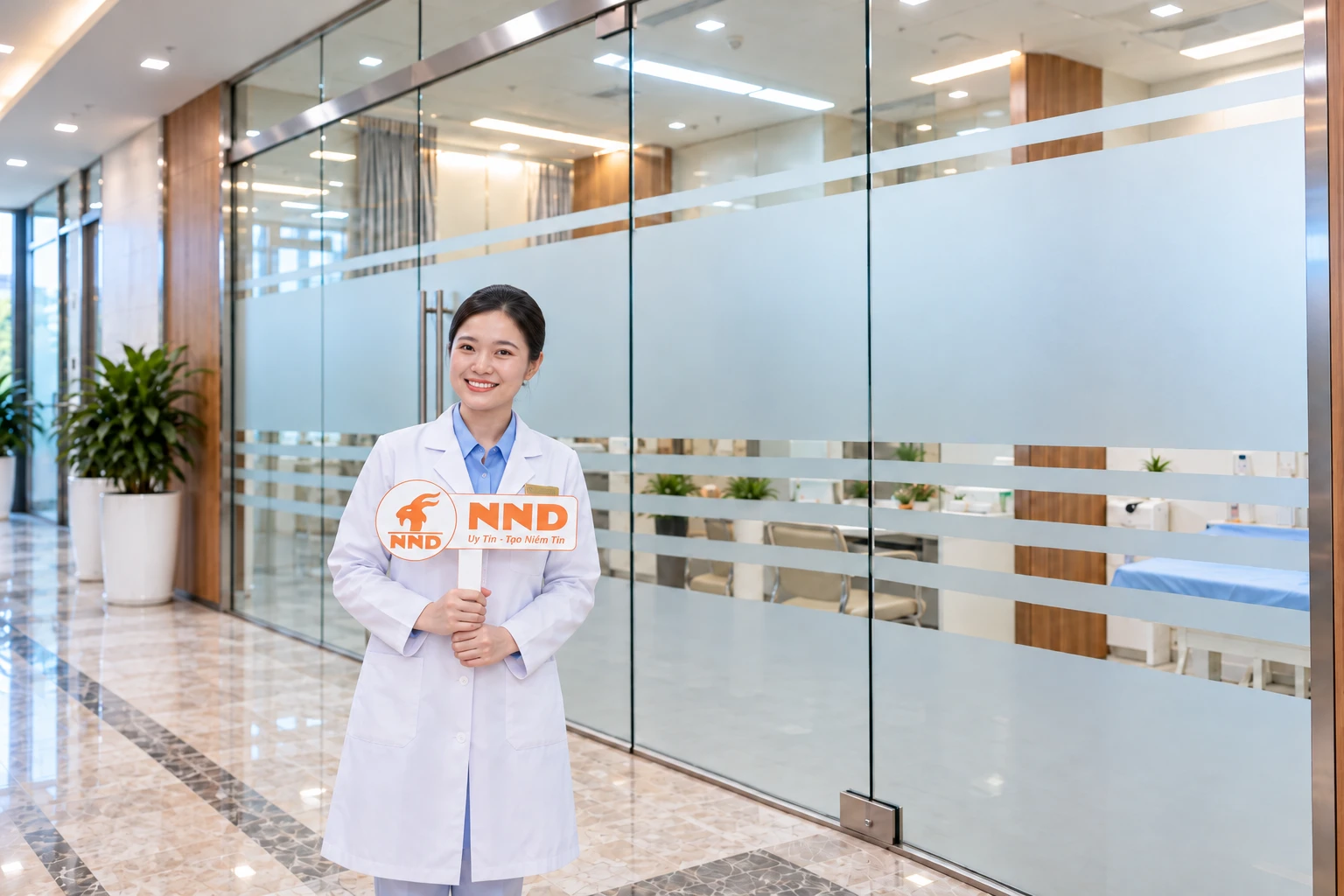 Cận cảnh decal mờ trên kính phòng khám Vinmec