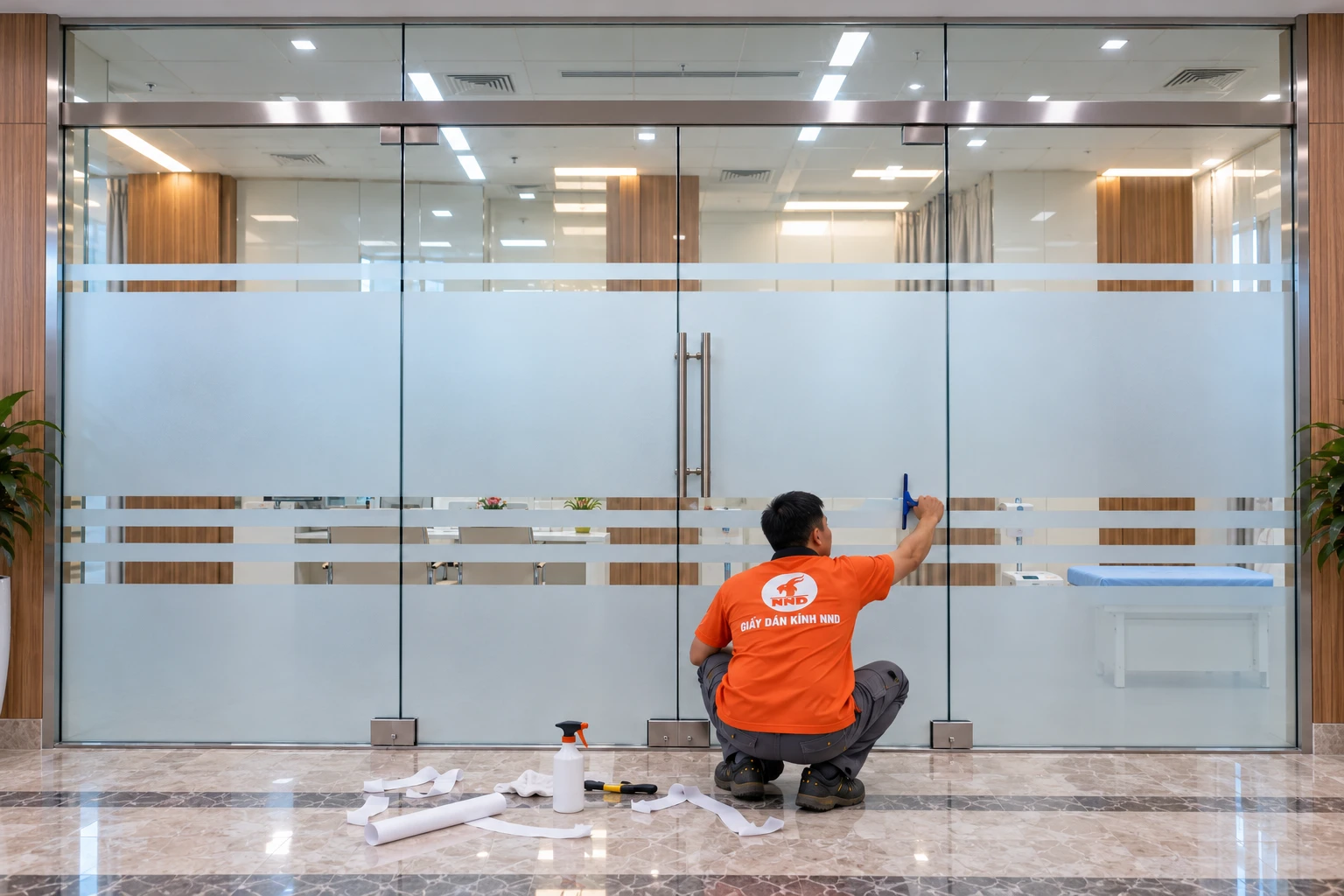 Dán decal mờ cho hệ kính phòng khám Vinmec