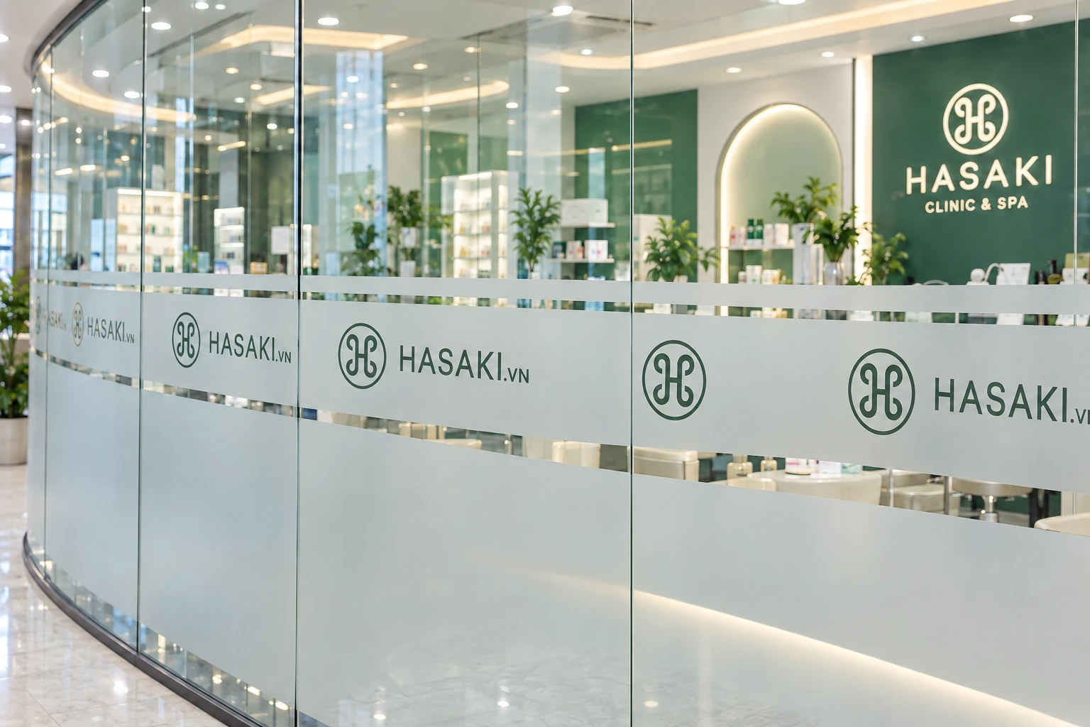 Hoàn thiện công trình decal mờ kính Hasaki Clinic & Spa