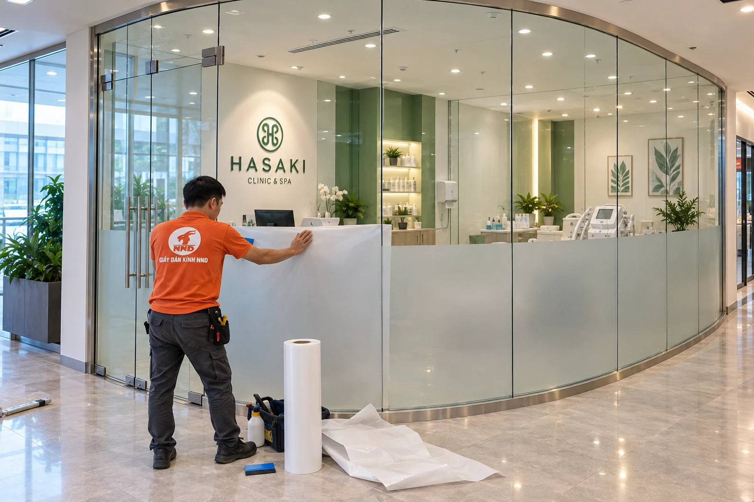 Vách kính Hasaki Clinic & Spa dán decal mờ tăng riêng tư