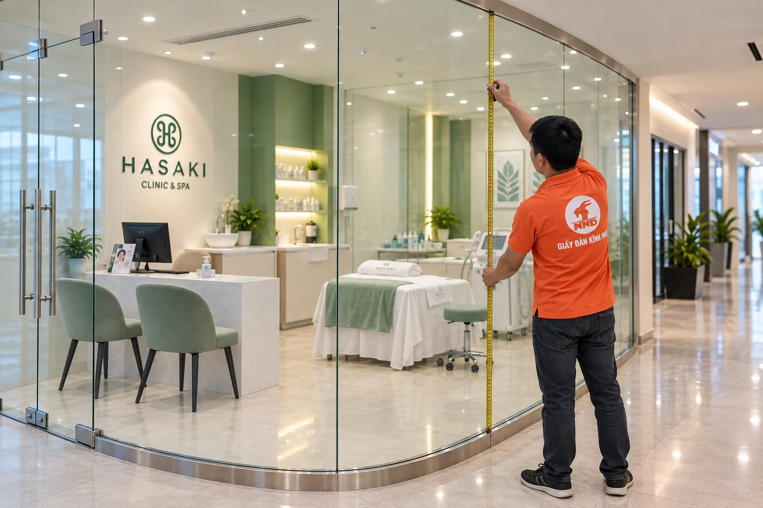 Decal mờ vách kính Hasaki Clinic & Spa khu dịch vụ