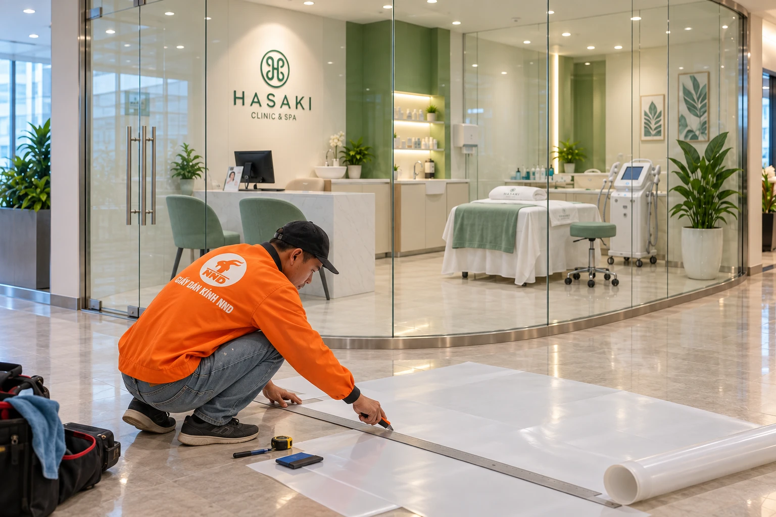 Hệ kính Hasaki Clinic & Spa hoàn thiện decal mờ