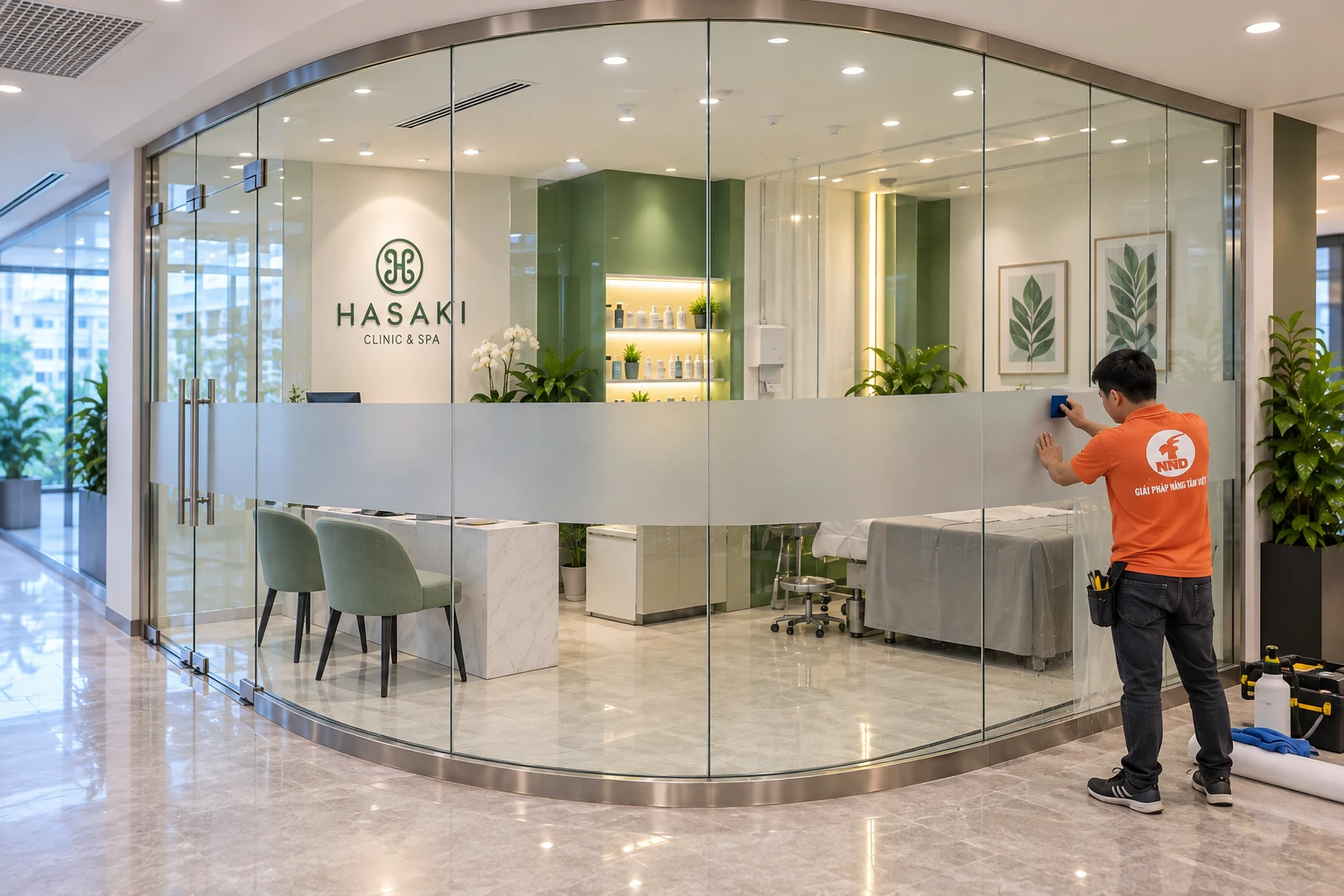 Cận cảnh decal mờ trên kính Hasaki Clinic & Spa