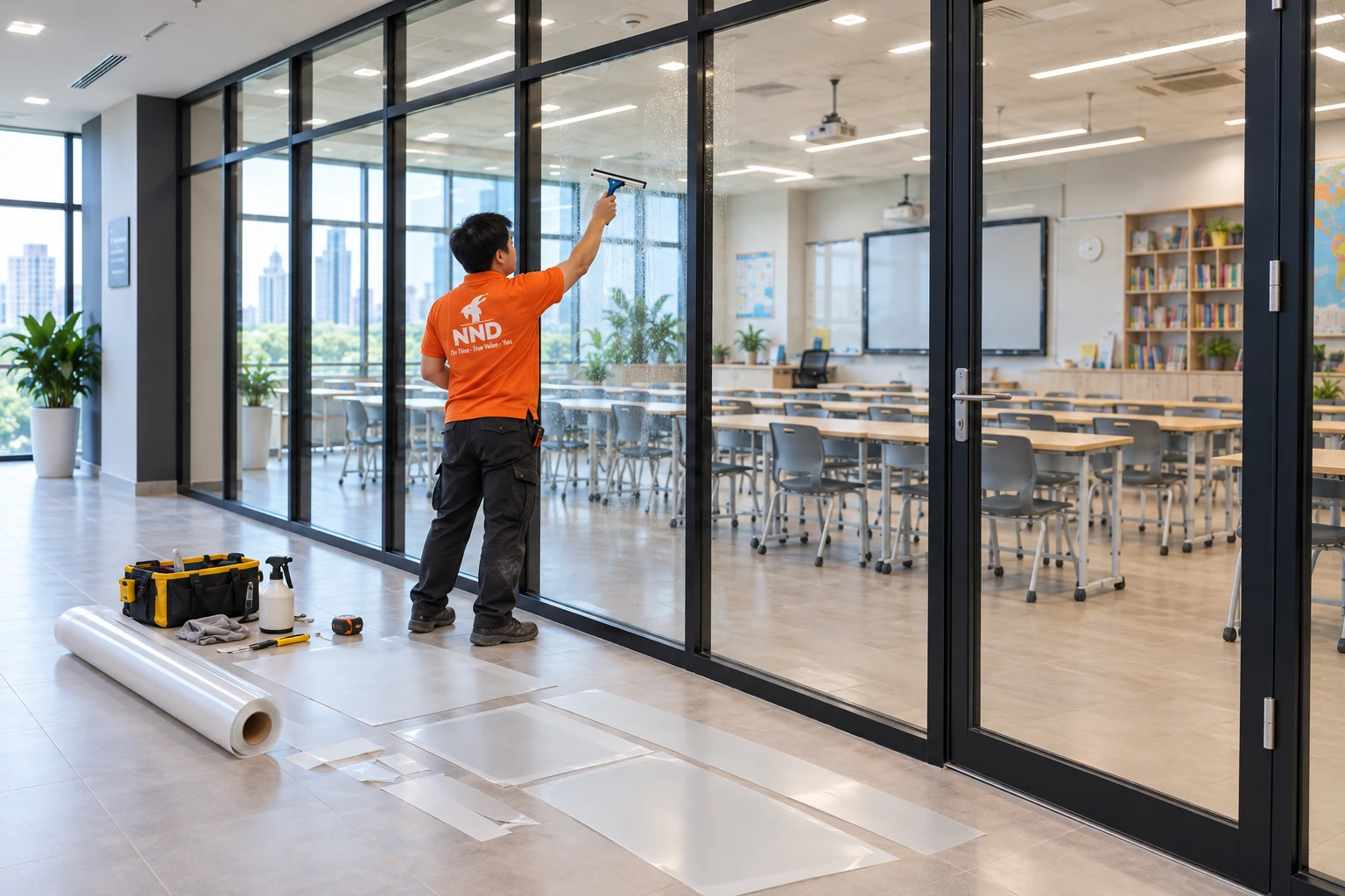 Decal mờ kẻ chỉ cho khu vực lớp học kính Vinschool
