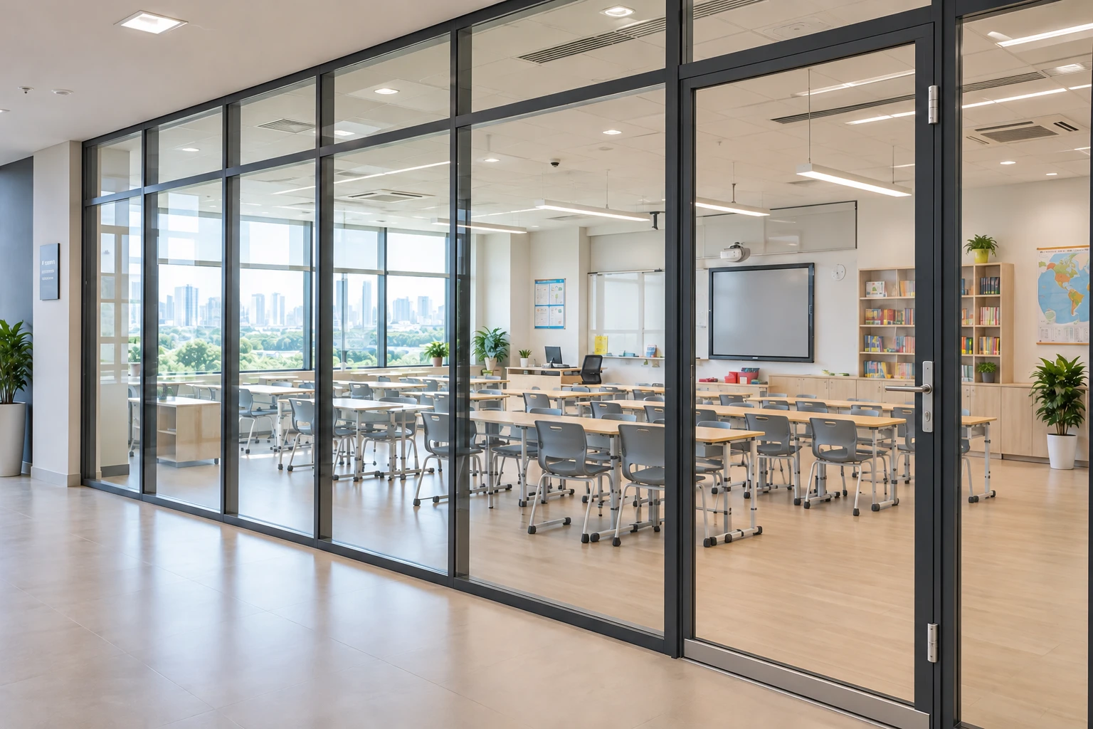 Decal mờ kẻ chỉ phòng học Vinschool trên hệ kính