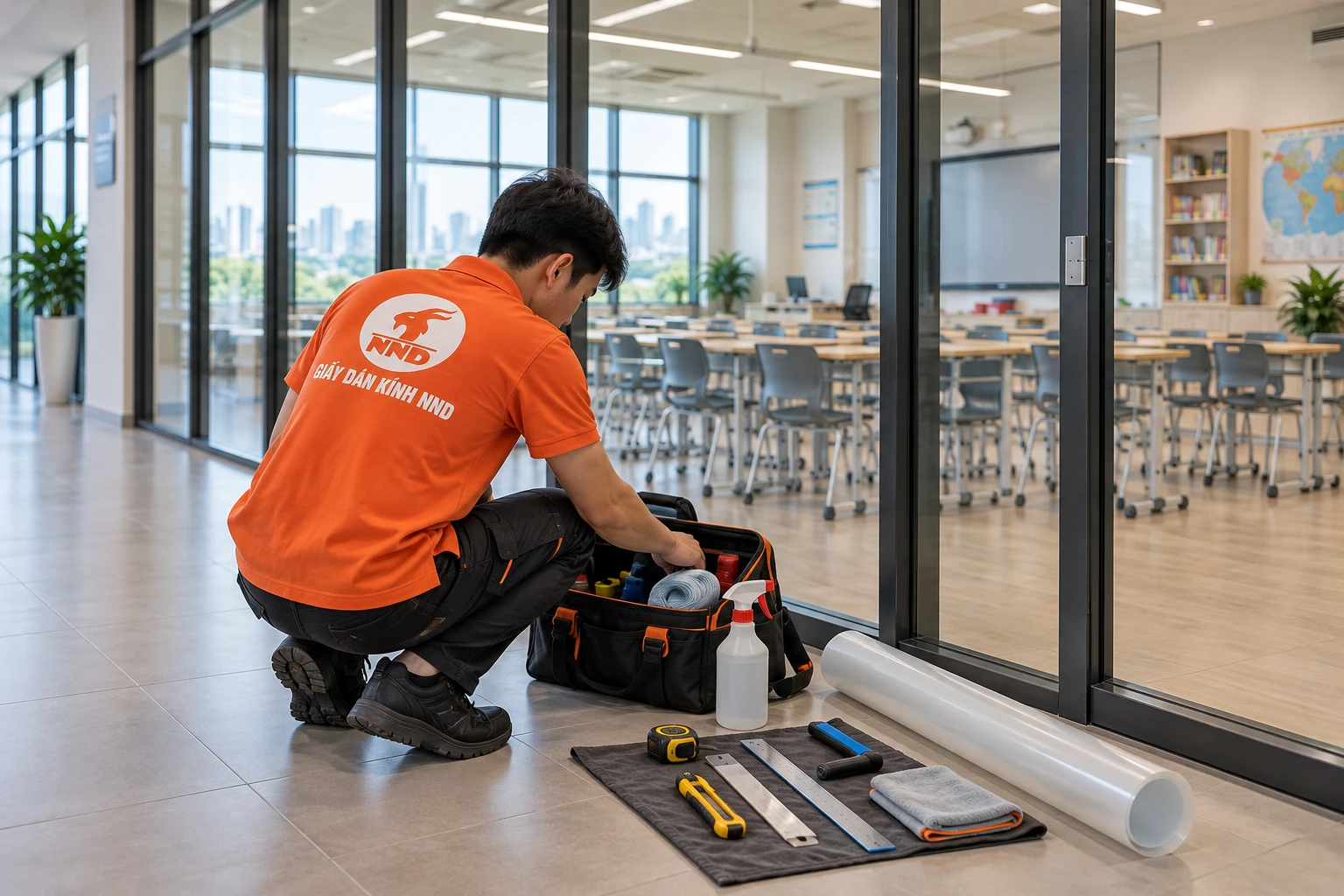Thi công decal mờ kẻ chỉ phòng học Vinschool