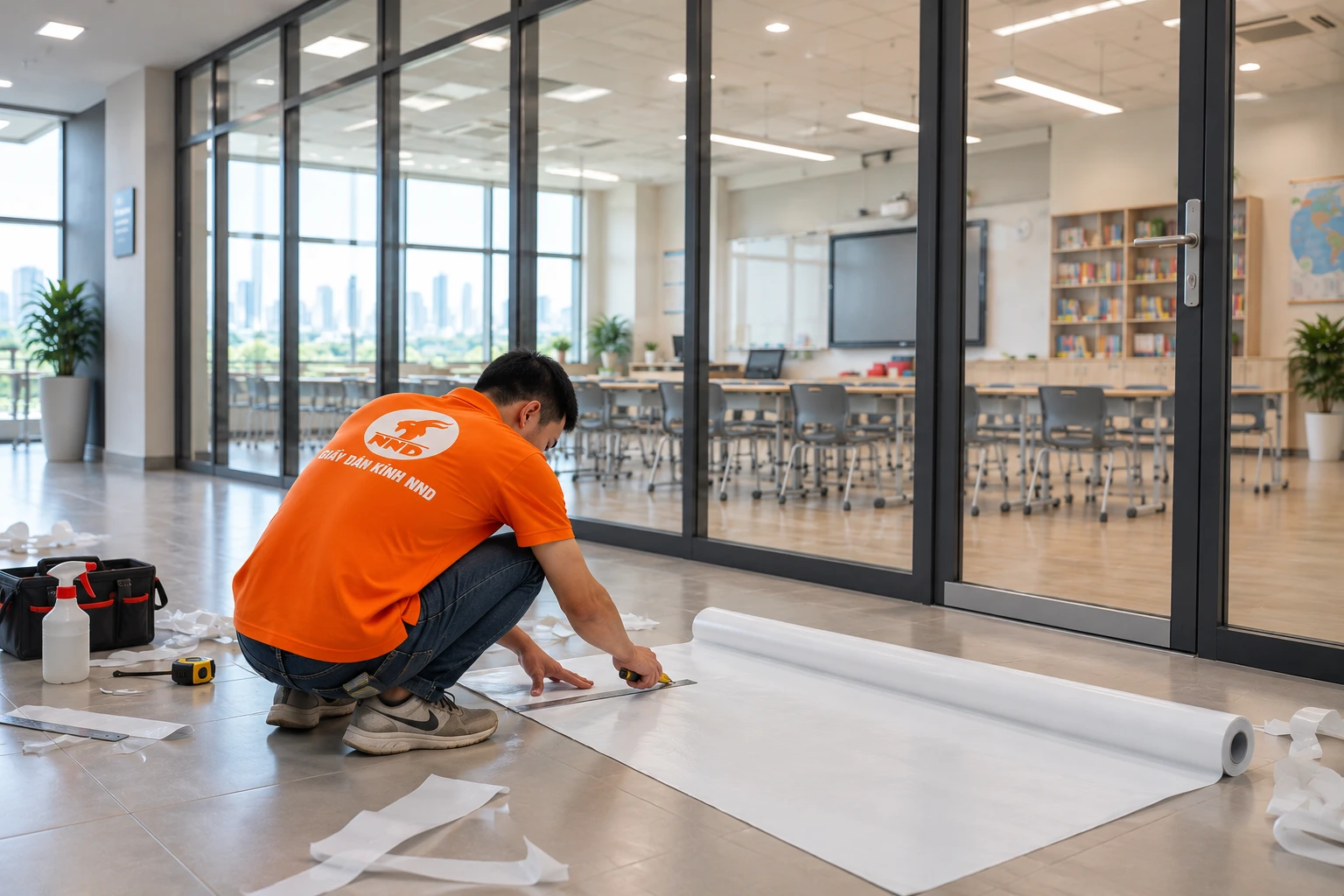 Vách kính phòng học Vinschool dán decal mờ kẻ chỉ