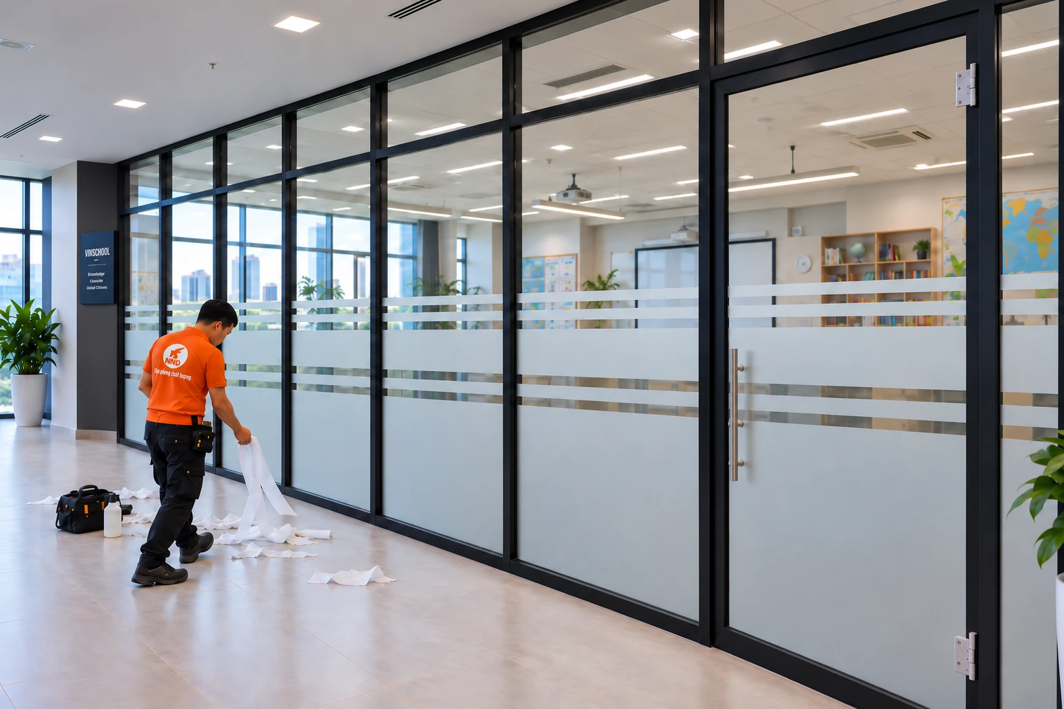Decal mờ kẻ chỉ trên cửa kính phòng học Vinschool