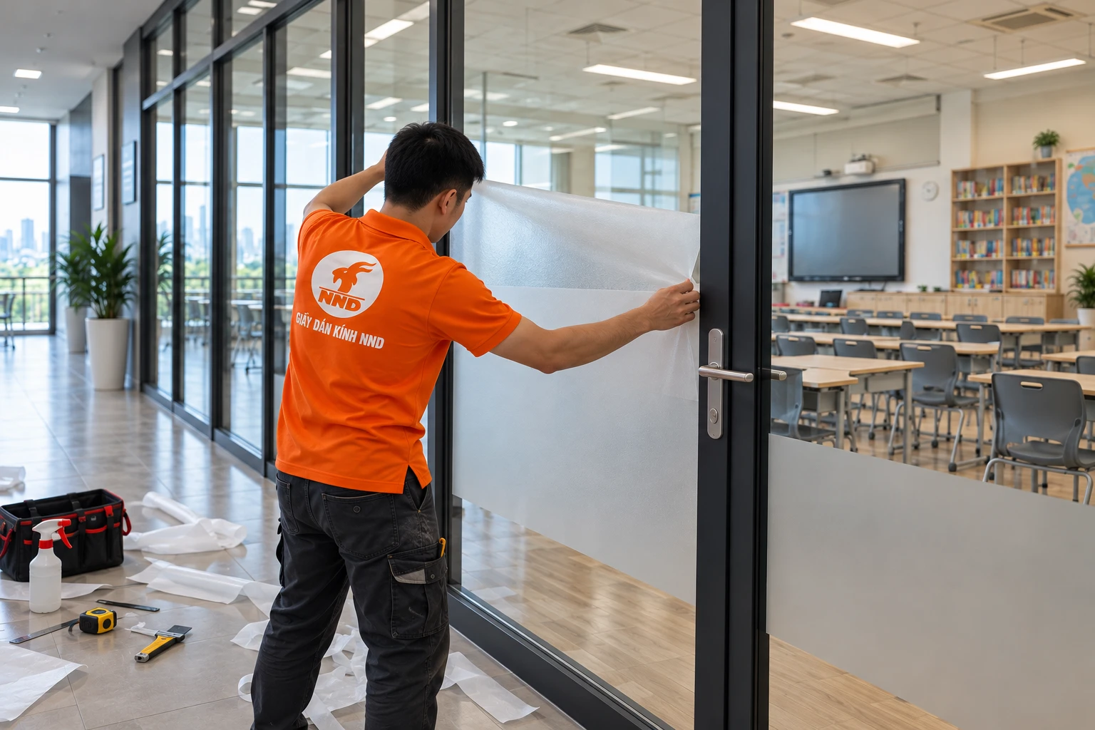 Hệ kính phòng học Vinschool dán decal mờ kẻ chỉ đồng bộ
