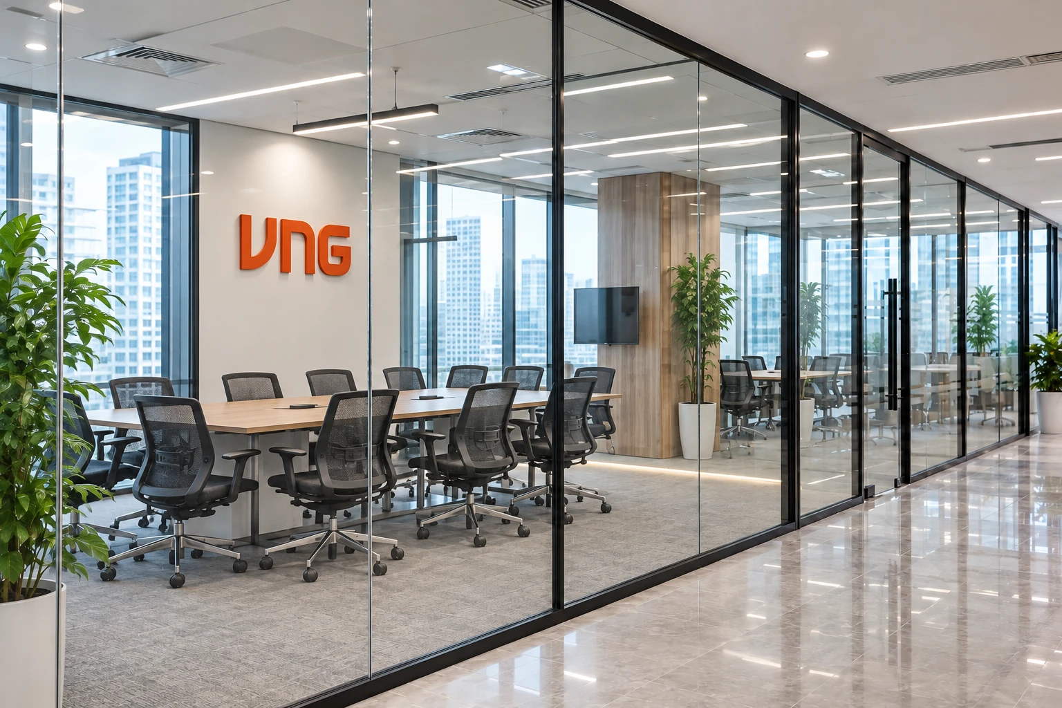 Công trình decal mờ in logo VNG trên vách kính văn phòng