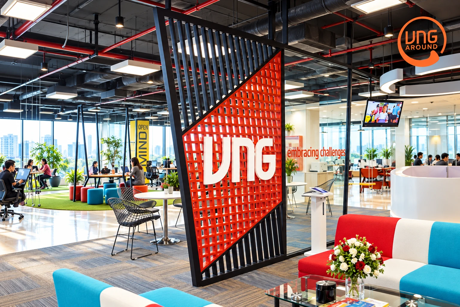 Decal mờ in logo VNG trên vách kính văn phòng hiện đại
