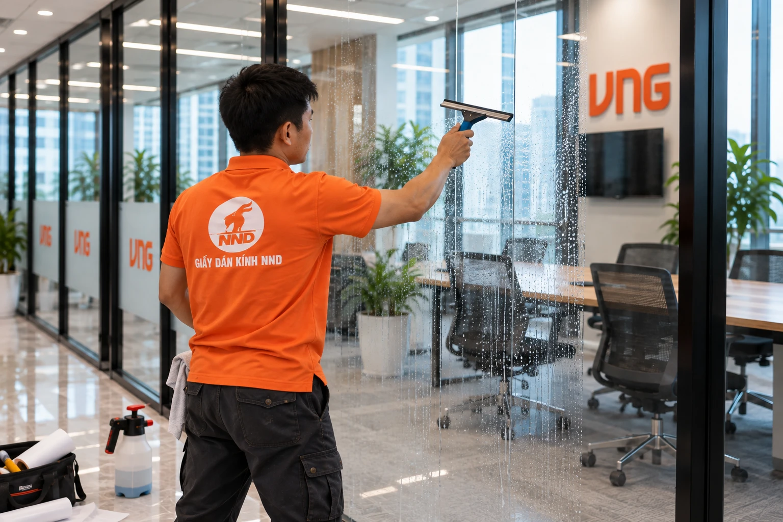 Vách kính văn phòng VNG dán decal mờ in logo