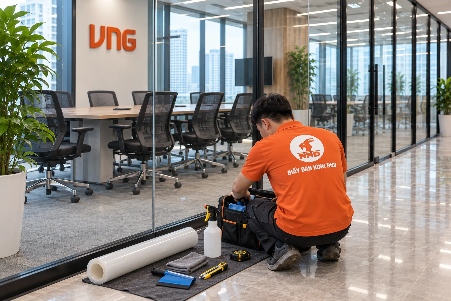 Thi công decal mờ in logo VNG trên vách kính văn phòng