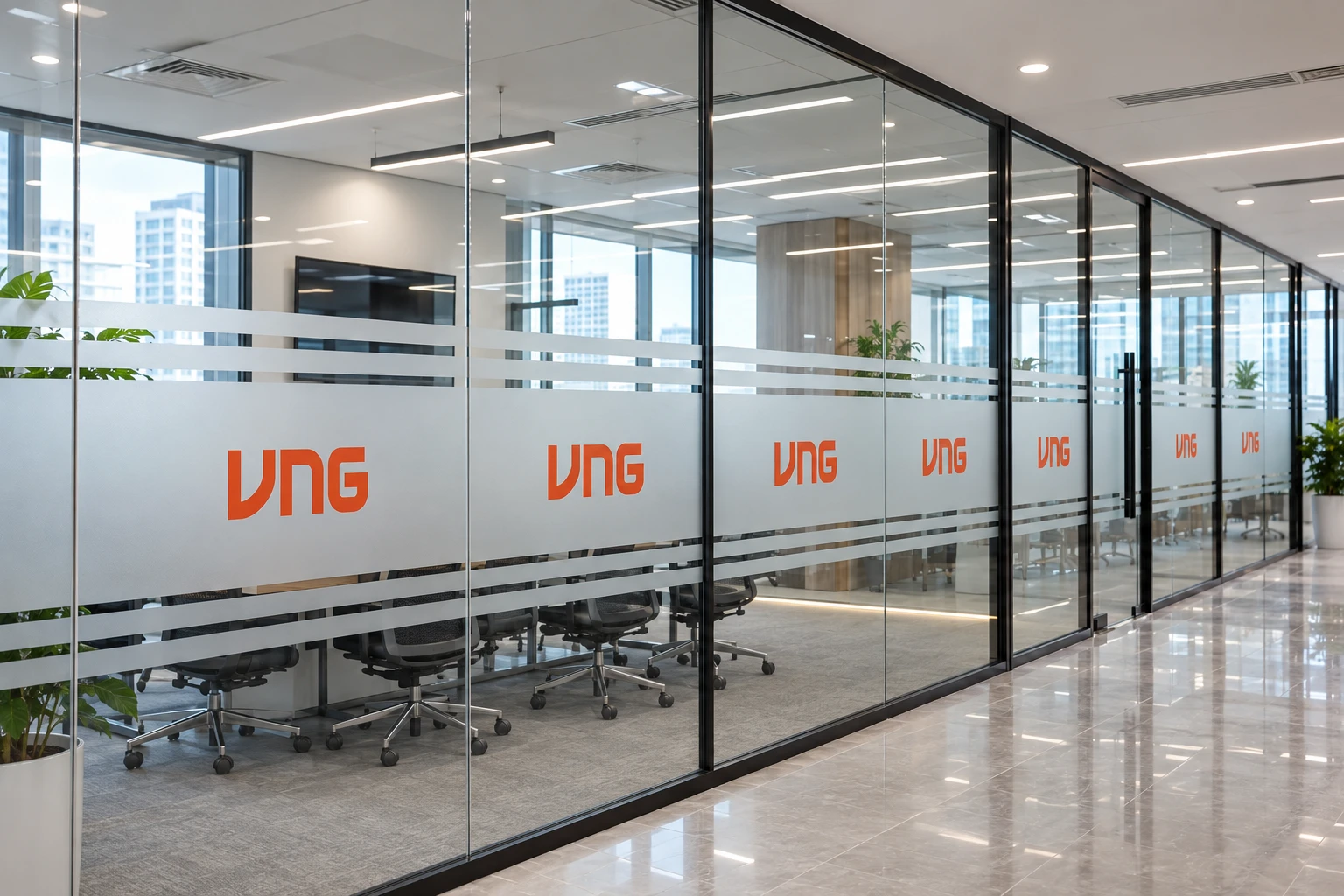Decal mờ in logo VNG trên hệ vách kính văn phòng