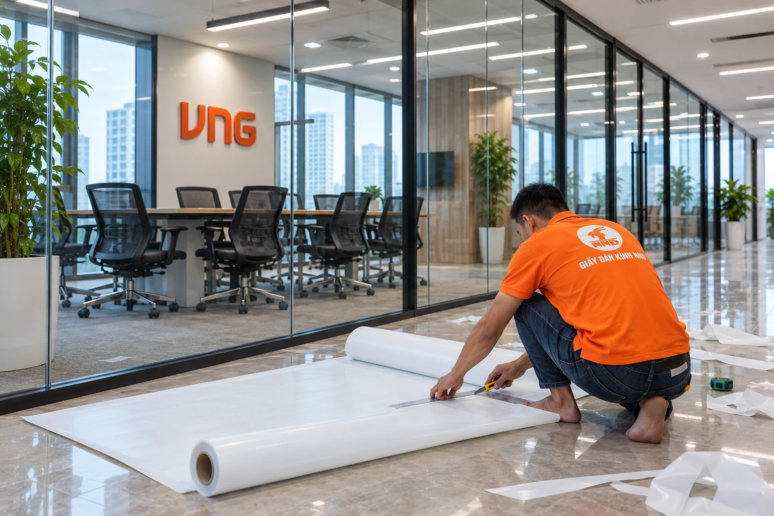 Decal mờ in logo thương hiệu VNG trên kính văn phòng