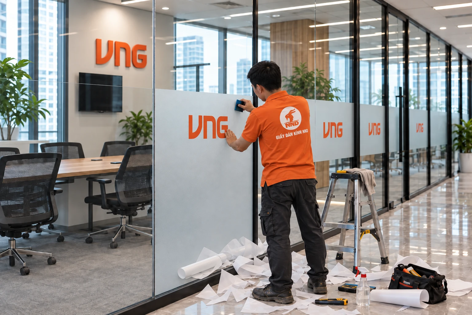 Cận cảnh decal mờ in logo VNG trên vách kính