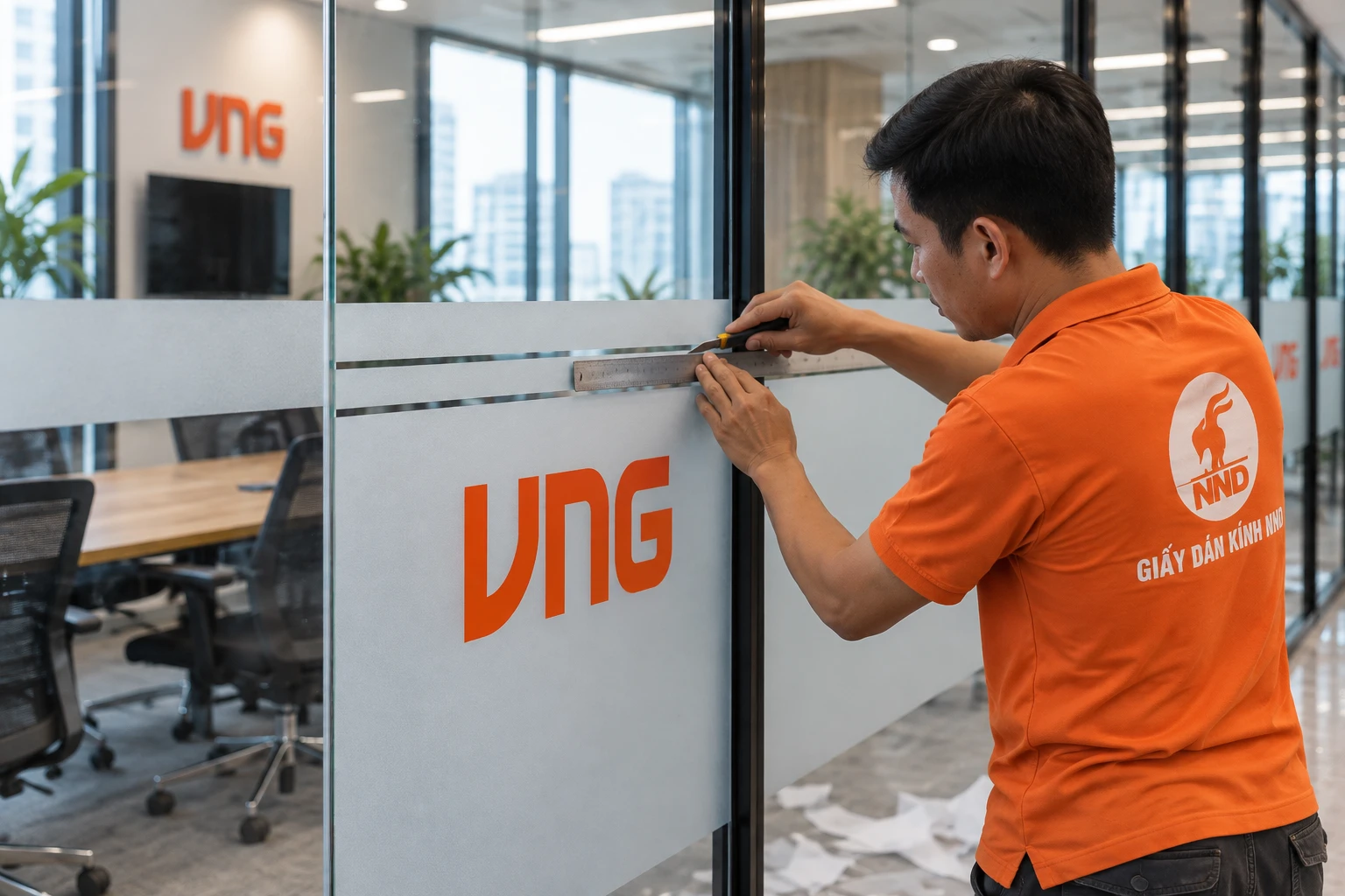 Hệ kính văn phòng VNG hoàn thiện decal mờ in logo