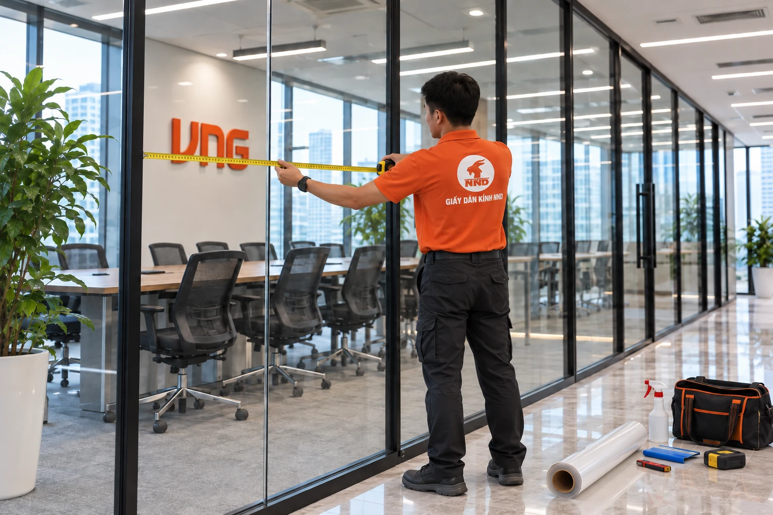 Hoàn thiện công trình decal mờ in logo VNG trên vách kính