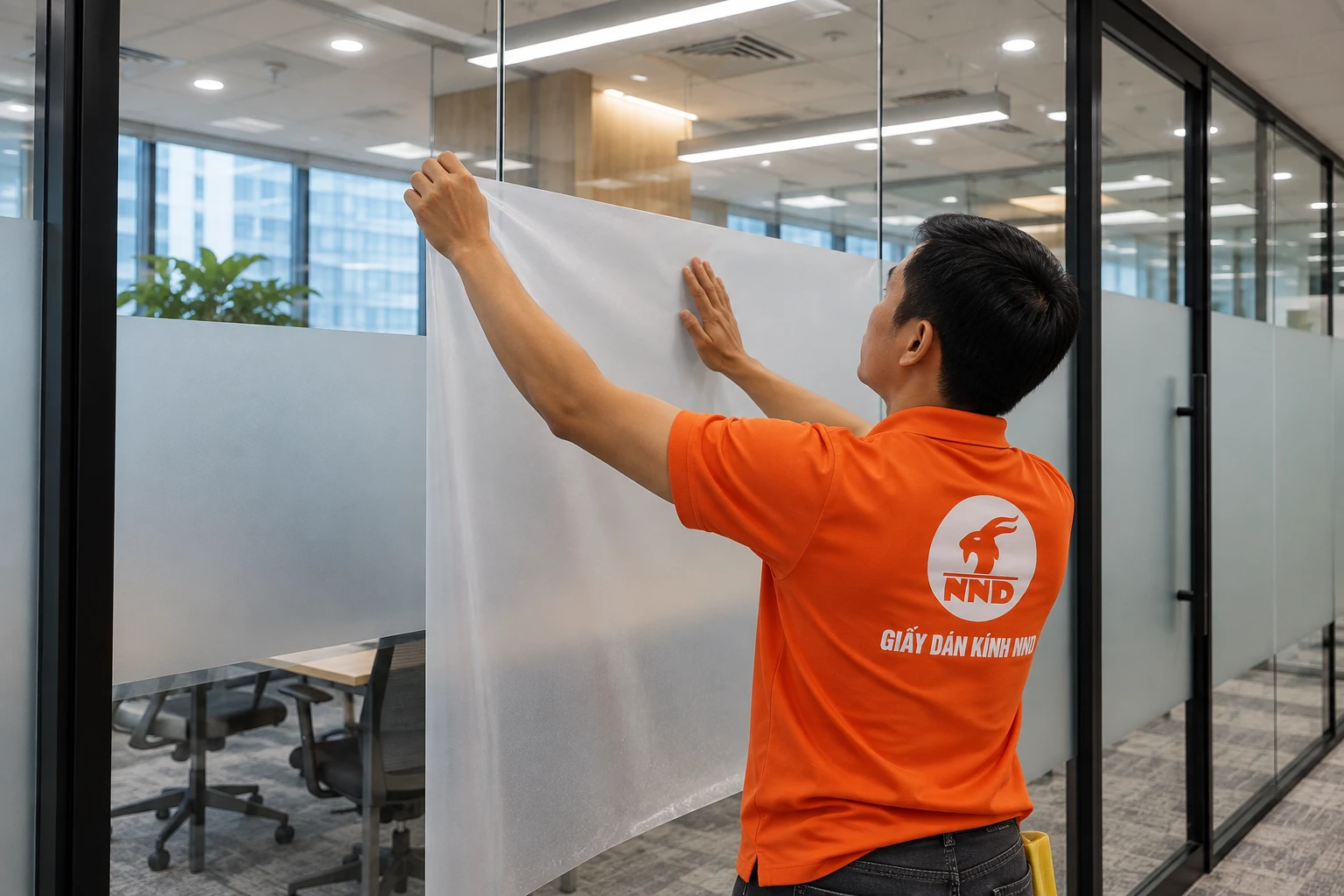 Thợ NND thi công decal mờ vách kính văn phòng tại Cầu Giấy