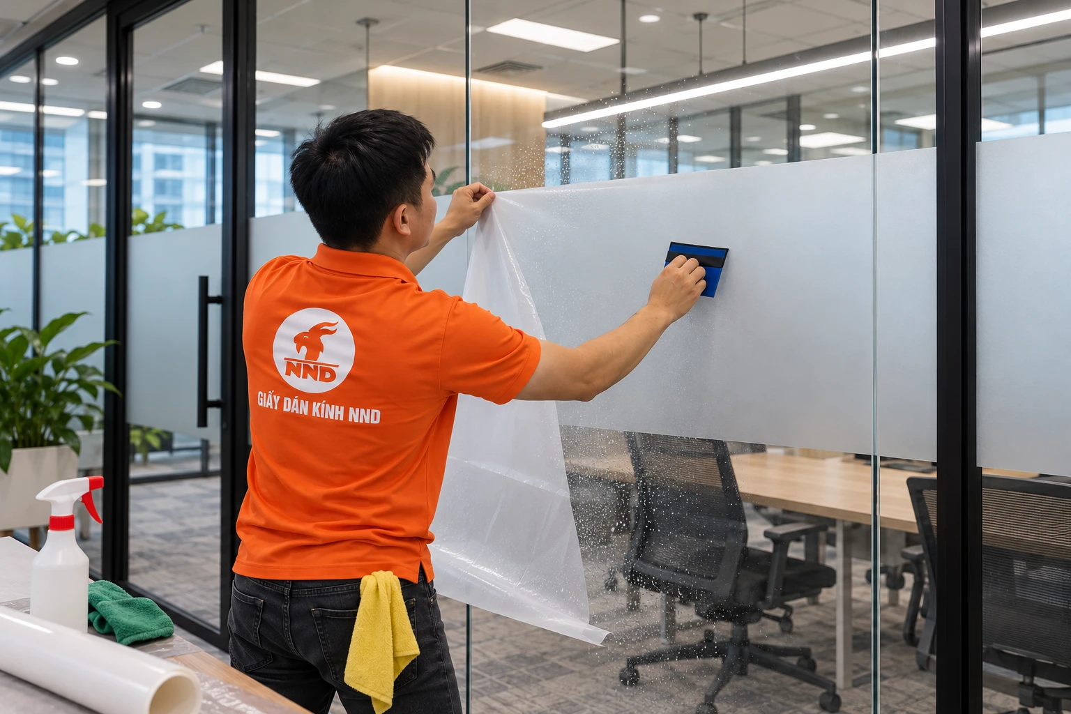 Kiểm tra mép decal mờ vách kính văn phòng tại Cầu Giấy